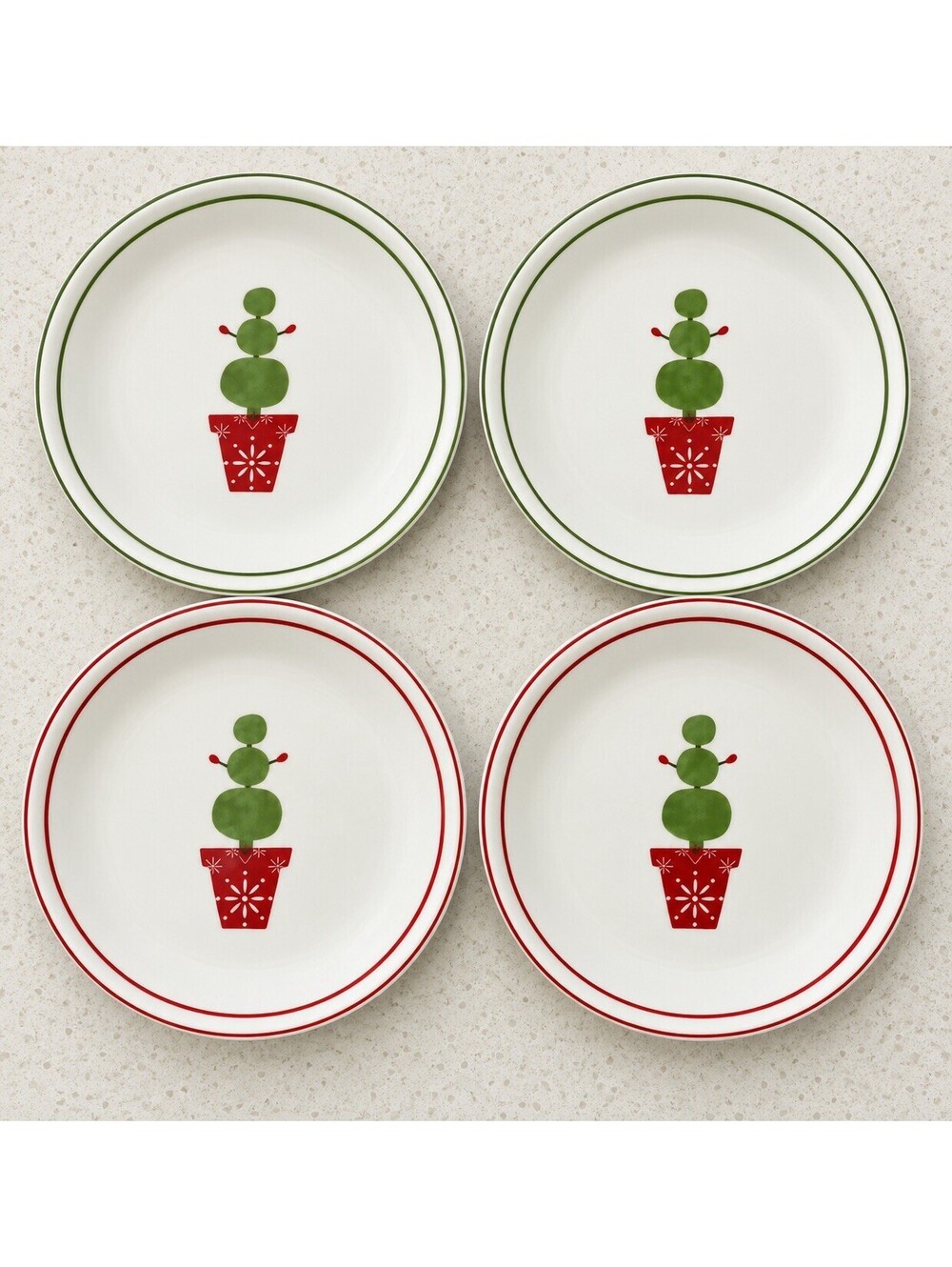 Starbucks Holiday 2006 Christmas Topiary Tree Plates Set of 4 Red Green Rim 6"